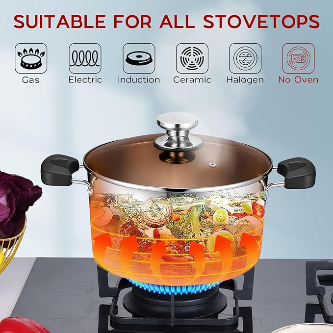 Onader 8 Quart Stock Soup Pot with Lid, 18/10 Stainless Steel Stockpot Tri-Ply Cooking Induction Pot with Stay-Cool Handles