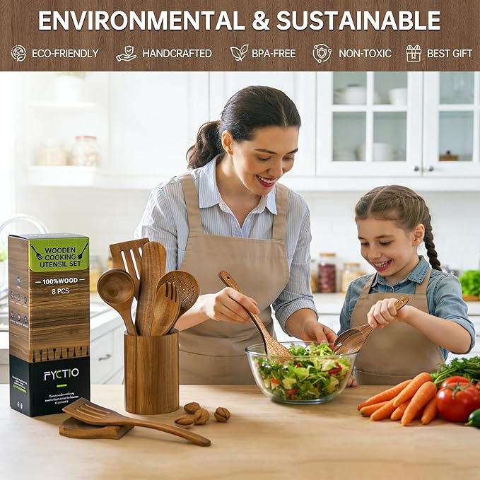 8 PCS Acacia Wooden Utensil Set with Holder, Spoon Rest, Durable Wooden Spoons for Cooking, Heat-Resistant, Comfort Grip,Easy to Clean, Non-stick Friendly, Ideal for Gifting