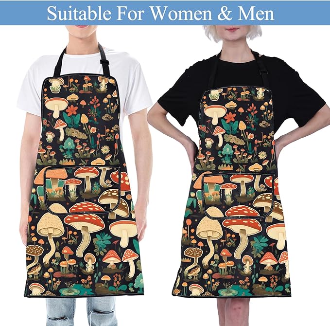 CMNIM Mushroom Aprons with Pockets - Cooking, Baking, Gardening Apron - Mushroom Lover Gift