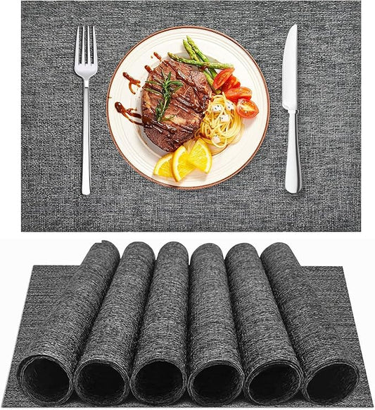 DACHUI Placemats Set of 4, Linen Look Woven Place Mats, Water Resistant, Heat Resistant, Washable, Durable Table Mats (Dark Grey)
