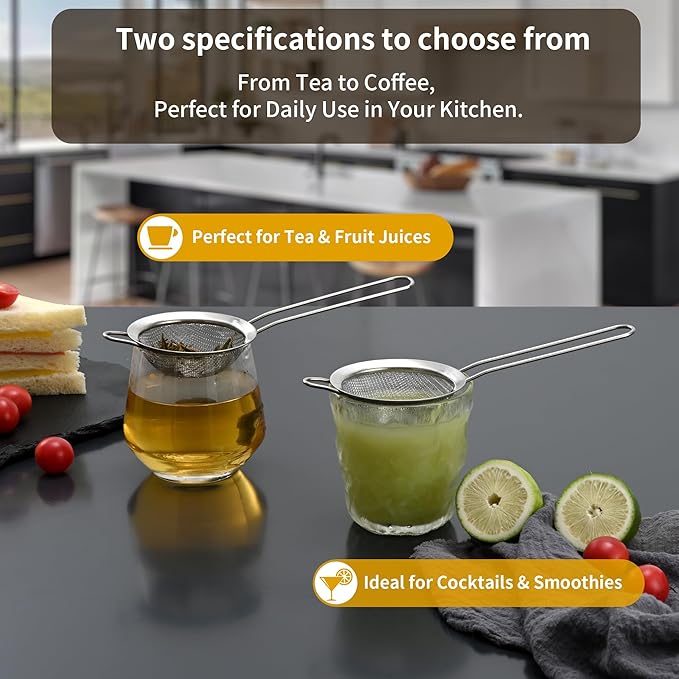 2-Pack Stainless Steel Fine Mesh Strainer – 3.35 Inch Tea & Coffee Sieve with Handle for Food, Liquid, & Cocktail – Dishwasher Safe
