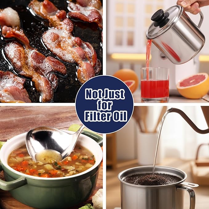 LemonRoad 4 Pcs 1.3l Bacon Grease Container Saver with Strainer Grease Container for Kitchen Durable Stainless Steel Cooking Oil Fat Storage Filter Keeper Tank Pot Can Strainer for Used Frying Oil