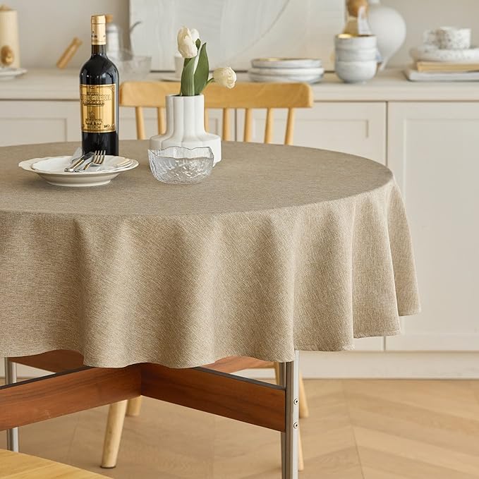 Waterproof Round Tablecloth for Round Dining Table, Decorative Rustic Soft Wipeable Table Cloths Cover Indoor Outdoor Use for Holiday,Wedding, Kitchen (70 Inch,Round (4-6 Seats),Natural)