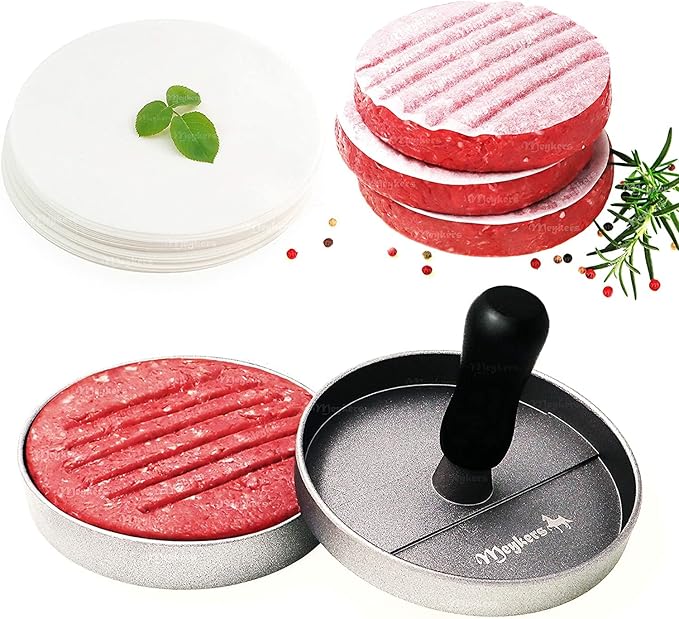 Meykers Burger Press 100 Patty Papers Set | Non-Stick Hamburger Mold with Free Wax Patty Paper Sheets | Meat Beef Cheese Veggie Burger Maker for Grill Griddle BBQ Barbecue | BPA Free