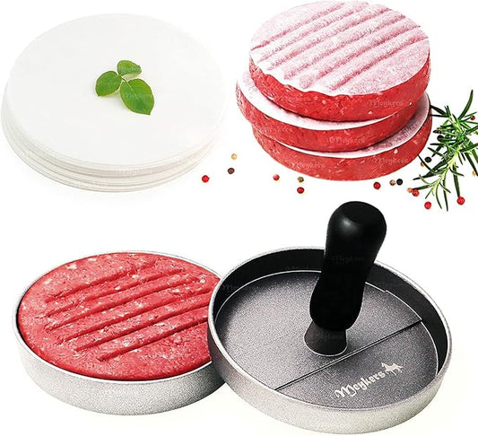 Meykers Burger Press 100 Patty Papers Set | Non-Stick Hamburger Mold with Free Wax Patty Paper Sheets | Meat Beef Cheese Veggie Burger Maker for Grill Griddle BBQ Barbecue | BPA Free