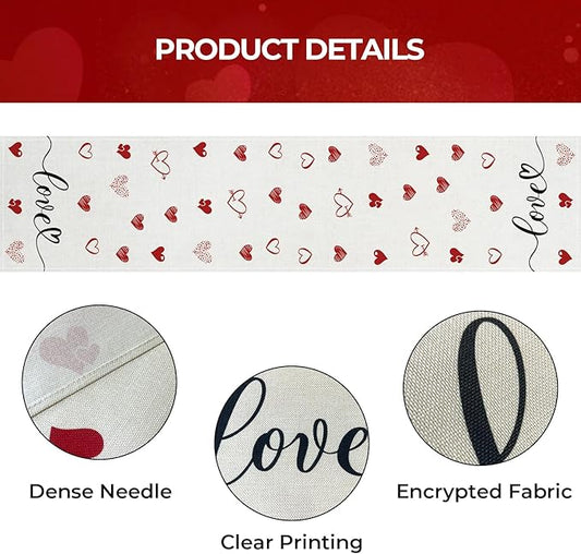Valentines Day Table Runner 13x36 Inch, Love Hearts Valentine Table Runner, Anniversary Home Kitchen Dining Table Holiday Party Decorations