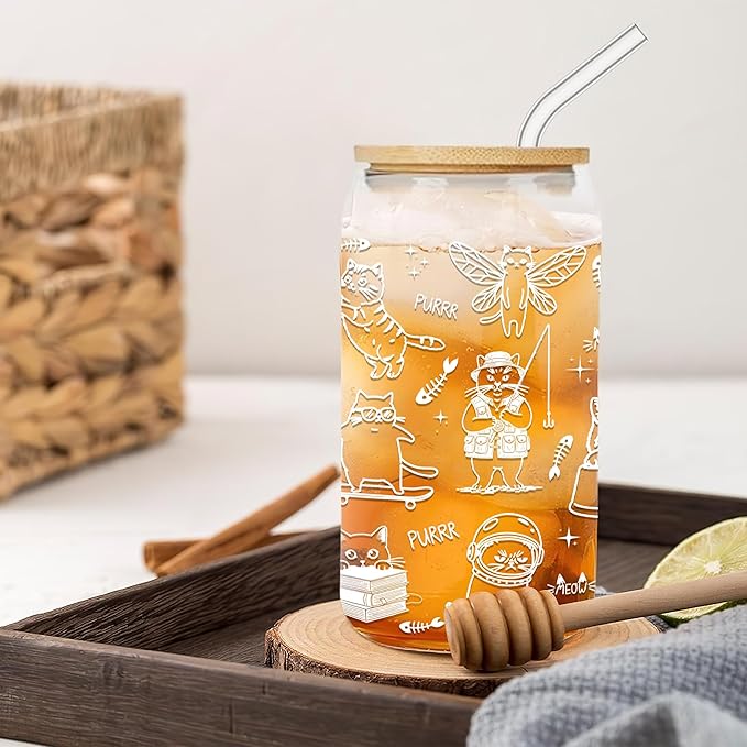 Funny Cat Glass Cups with Lids and Straws for Cat Lover Women Girl Cool Cats Lovers Iced Coffee Cup Cute Decor Stuff Accessories Christmas Birthday Valentine Gift for Mom Daughter Bestie 16 Oz