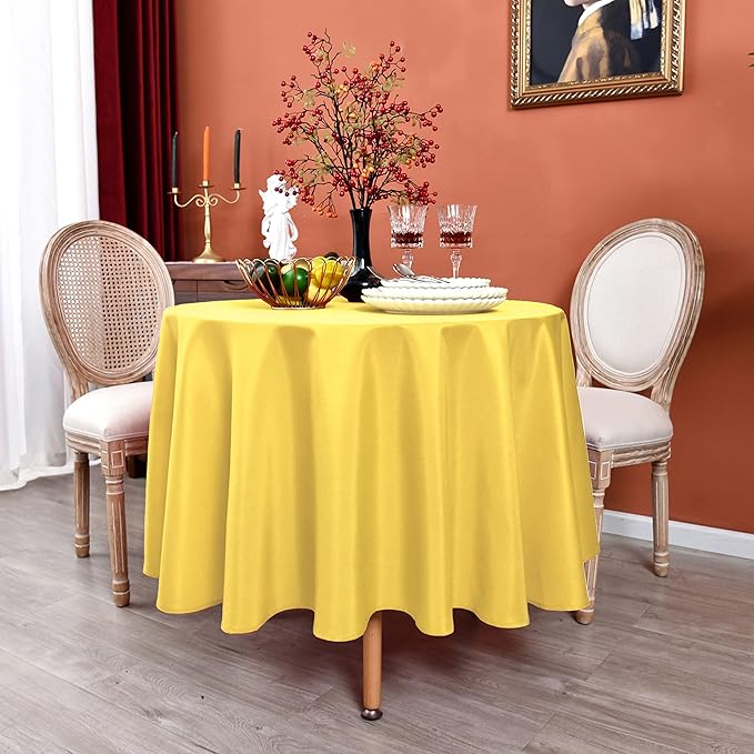 MEANMOY Yellow 210 GSM Water & Stain Resistant Round Tablecloth for Circle Table - Solid 70 Inch Table Cloth Cover in Wrinkle Free Durable Washable Polyester Fabric for Wedding, Party, Banquet