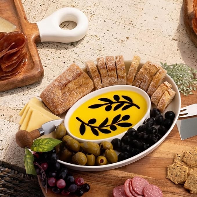 Chip and Dip Serving Set - 14"x10.5" Porcelain Serving Tray for Olive Oil, Balsamic Vinegar, Veggie Tray, Fruit Platter, Caviar Serving Set, Hosting Essentials, Party Trays and Platters