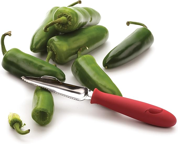 RSVP International Endurance Collection Vegetable Core & Seed Remover, Tomato, Zucchini, Jalapeno Pepper Corer Tool, Dishwasher Safe, 8.25" Overall Length, Stainless Steel Blade, Red Handle