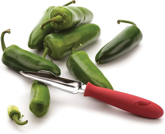 RSVP International Endurance Collection Vegetable Core & Seed Remover, Tomato, Zucchini, Jalapeno Pepper Corer Tool, Dishwasher Safe, 8.25" Overall Length, Stainless Steel Blade, Red Handle