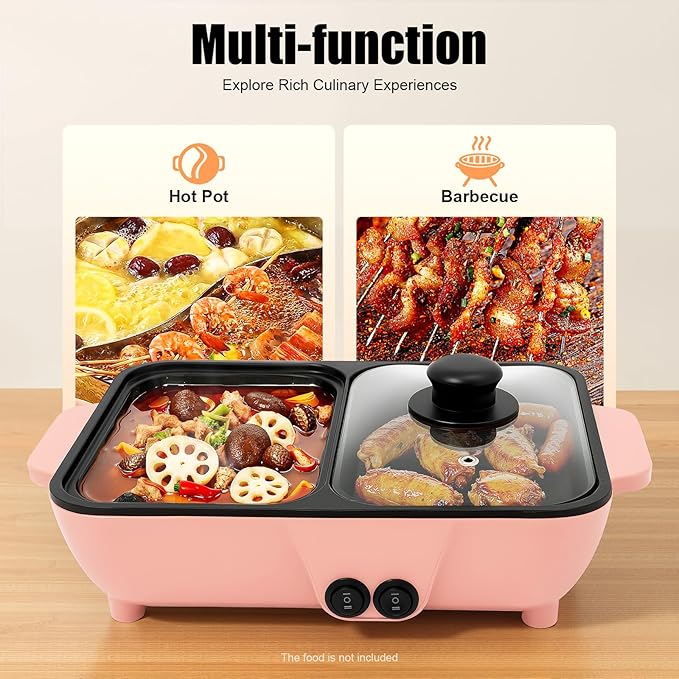 2 in 1 Electric Hot Pot with Grill, Portable Non-Stick Mini Skillet Electric, 1200W Dual Independent Temp Control 1L Pot, Suitable for 1-4 People, for Home, Friend Gathering, Apartment, Dorm