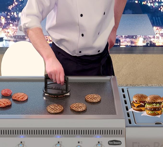 Fire Beauty Burger Press,Cast Iron 6.5" Grill Press with Wood Handle,Food-Grade Smash Burger Press for Seared Bacon,Steak&Burger,Pre-Seasoned