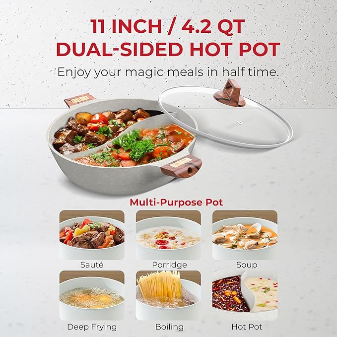 Rosewill 4.2QT Double Flavor Non-Sticking Shabu Shabu Hot Pot with Divider, 13 inch Divided Stockpot for Cooking, Hot Pot for Induction Cooktop & Gas Stove, Electric Burner - Beige