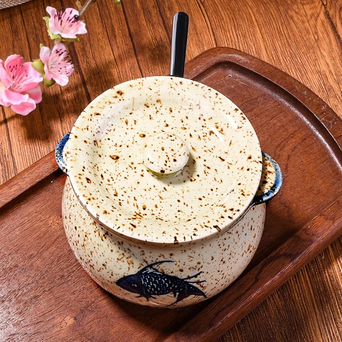 Japanese-Style Fish-Shaped Ceramic Sugar Jar & Spice Container with Lid & Stainless Steel Spoon Set – Decorative Koi Design, Kitchen Storage for Salt, Sugar (yl)