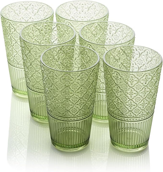 Victoria Green Set of 6 Premium Acrylic Ice Tea Glass 22 oz – Unbreakable Glassware with Elegant Embossed Design, Dishwasher Safe for Indoor & Outdoor Use