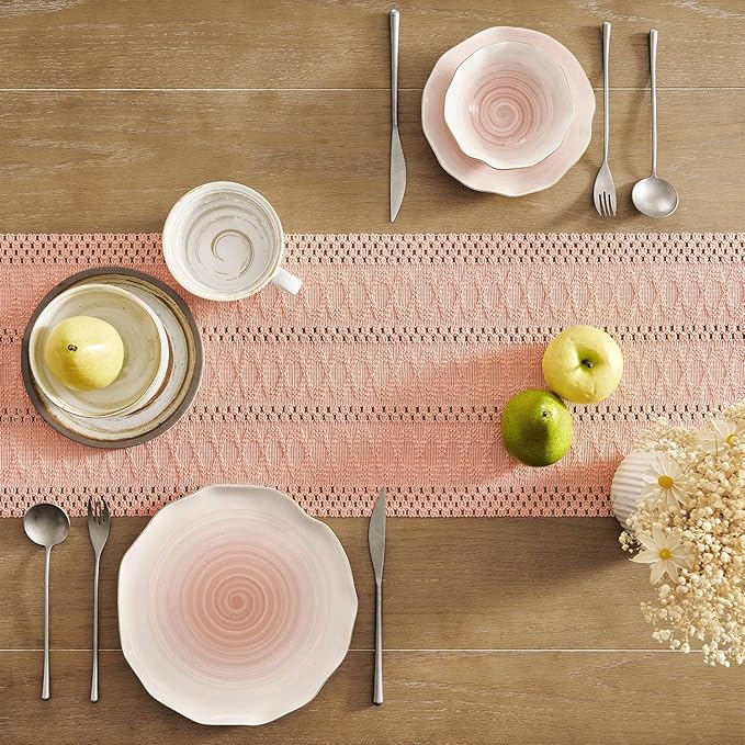 ZeeMart Macrame Style Boho Table Runner, Pink Table Runners 108 Inches Long, Farmhouse Woven Home Decor, 12x108 Inch, Rose Pink