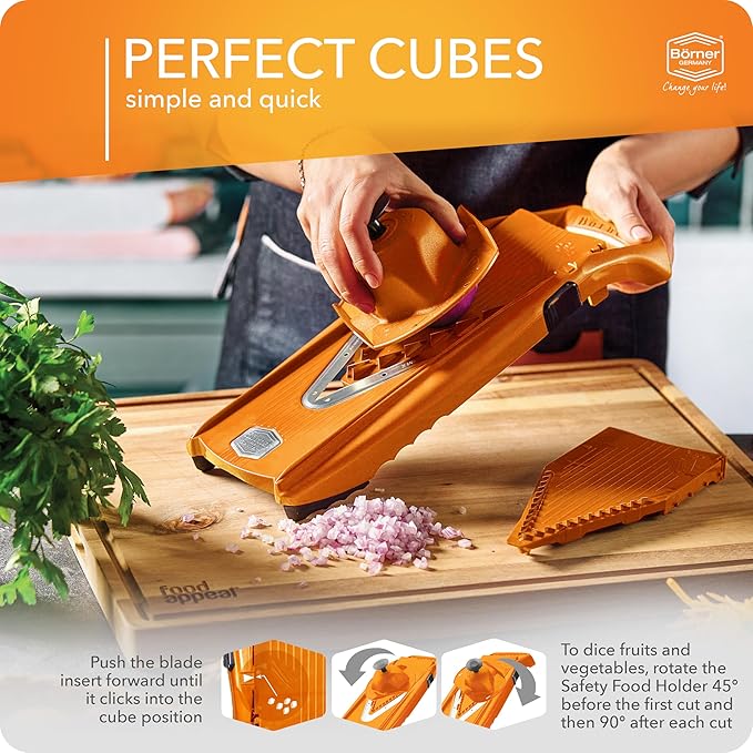 Börner Mandoline Slicer V5 (Plus Set) • Adjustable Vegetable V-Slicer with Extra Accessories + Peeler • Kitchen Slicer For Slices, Strips, Dices • Stainless Steel V-Blade • Color: Orange