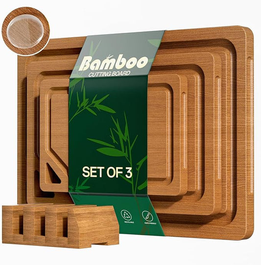 Bamboo Cutting Board Set with Holder，3 Packs Wood cutting boards with Non-Slip Rubber Padding, Deep Juice Grooves & Built-in Handles, Bamboo Chopping Boards Set for Meat, Vegetables and Fruits