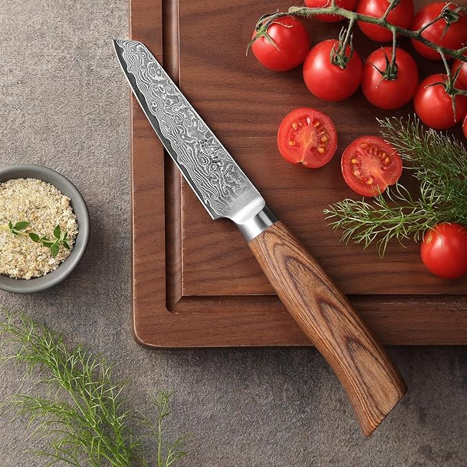 Wakoli EDIB Pro Damascus Mukimono Knife – Japanese Style Paring and Garnishing Knife | 4-Inch Genuine Damascus Steel Blade with VG10 Core | Ergonomic Pakkawood Handle