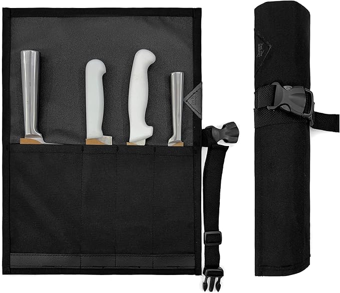 Under NY Sky Knife Roll Case - 4 Slots - Heavy Duty Oxford Canvas Pouch - Leather Reinforced - Portable Bag for Cooking Tools, Utensils, Cutlery Knives, Brushes - Chefs, Kitchen, Travel, Gift - Black