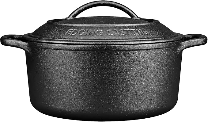 EDGING CASTING Pre-Seasoned Cast Iron Dutch Oven Pot with Lid Dual Handle, Sourdough Bread Baking Pots， Round 7 Quart, Black