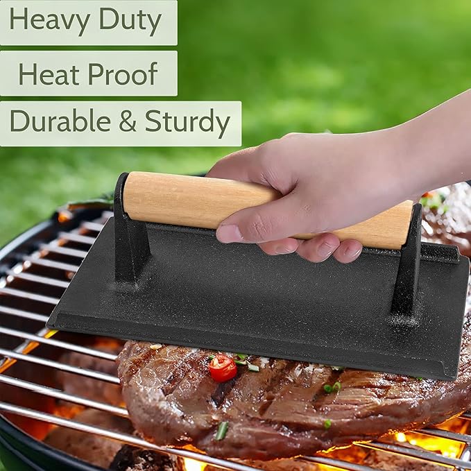 HaSteeL Melting Dome & Burger Press for Griddle, Stainless Steel 9In Basting Cover & Heavy Duty 8 x 4In Wooden Grill Press, Griddle Accessories Set Perfect for Flat Top Teppanyaki Cast Iron Outdoor
