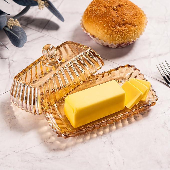 Champagne Color Glass Butter Dish with Lid, Covered Butter Stick Holder Tray, Crystal Glass Butter Storage Container for Kitchen Countertop