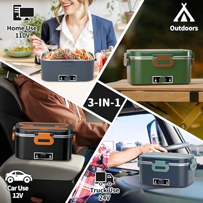 Electric Heated Lunch Box for Adults, 100W 3-IN-1 2 Pack 1.8L Containers Heating Lunch Box for Men Portable Double Layer, Fast Heated Food Warmer,12V/24V/110V for Car Truck Office Home