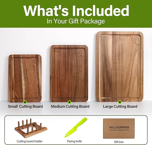 WILLKOMMEN Acacia Wood Cutting Board Set for Kitchen, 3-Piece Chopping Boards with Stand & Juice Groove & Handles, Heavy Duty Wooden Butcher Block for Meat, Vegetables (Small, Medium, Large)