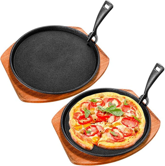 Mimorou 2 Sets Cast Iron Fajita Plate Set 9.84'' Steak Plate Sizzling Pan with Wooden Base and Gripper for Home Restaurant Kitchen Catering Cooking for Grilling Meats Seafood