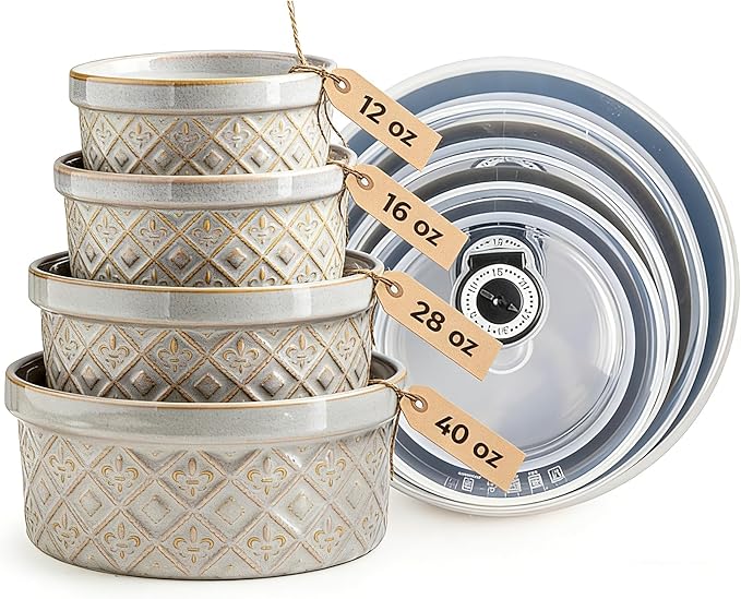 Ceramic Mixing Bowls with Lids Set of 4, Embossed Nesting Storage Bowls for Cooking, Serving, Salad, Popcorn etc, Microwave and Dishwasher Safe, Baking Dishes 12/16/28/40 oz (Gray)