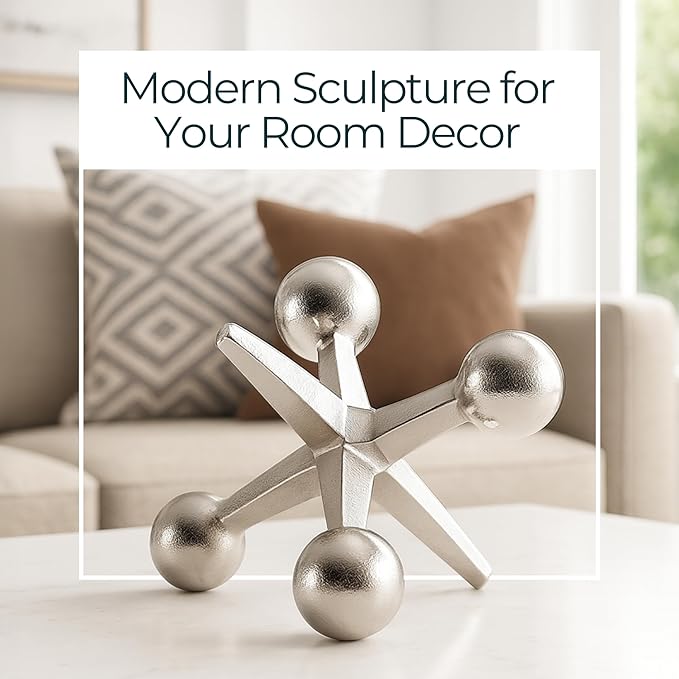 Silver Metal Jacks Decorative Object – Abstract Sculpture Modern Home Decor Ornament – Shelf Styling & Coffee Table Decor for Bathroom, Office & Living Room – 7" x 5"