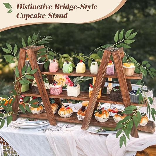 Wooden 3-Tier Cupcake Stand with Removable Trays & Vine Decoration — Foldable Party Display Serving Ladder with Platter for Cake, Snacks, Fruits, Chips, Bread