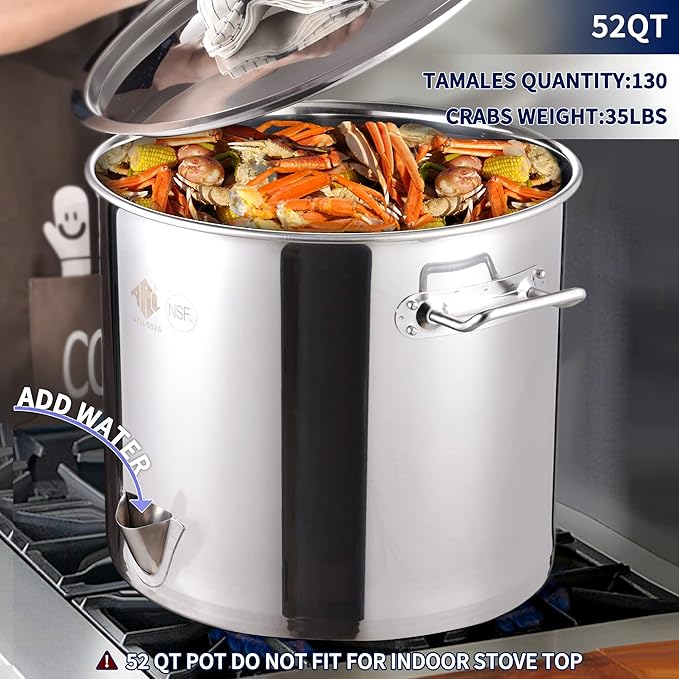 ARC 52-Quart Stainless Steel Tamale Steamer Pot w/Easy-fill Water Spout, Seafood Crab Steam with Divider and Steamer Rack, 13 Gallon