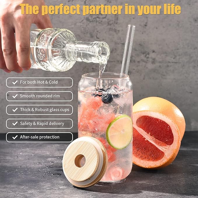Glass Cups with Lids and Straws Set of 12, 16 oz Glasses Drinking Set, Glass Cups, Iced Coffee Glasses for Beer, Cocktail, Whiskey, Smoothies