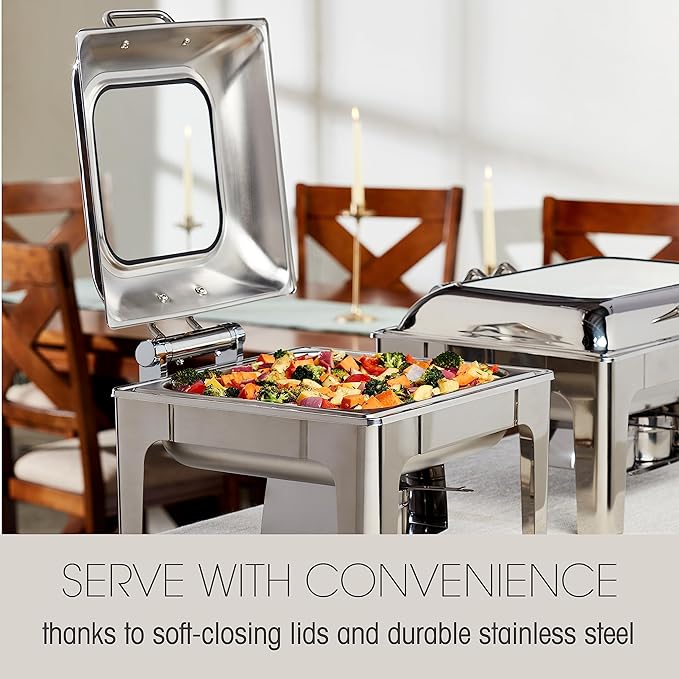 Denmark Tools for Cooks Celebrations Cookware Collection 5 Piece 6.3-Quart Heavy Gauge Stainless Steel Square Chafing Dish Set with Hydraulic Soft Close Glass Lid for Entertaining & Catering
