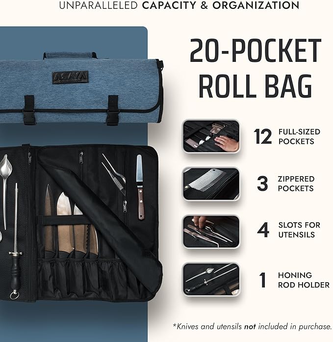 Asaya Chef Knife Roll Bag - 20 Total Pockets for Knives and Kitchen Utensils - Made with Stain Resistant Waxed Nylon - For Chefs and Culinary Students - Knives Not Included(Blue)