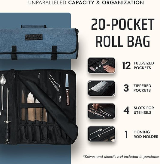 Asaya Chef Knife Roll Bag - 20 Total Pockets for Knives and Kitchen Utensils - Made with Stain Resistant Waxed Nylon - For Chefs and Culinary Students - Knives Not Included(Blue)