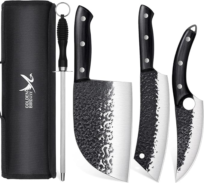 Golden Bird Butcher Knife Set - 4pcs Hand Forged Meat Cleaver Knife & Serbian Chef Knives & Sharp Viking Knives for Meat Cutting, Camping, BBQ, Christmas Gifts for Men Women