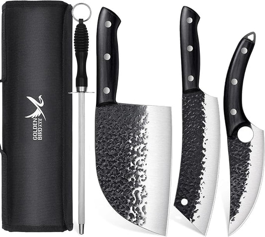 Golden Bird Butcher Knife Set - 4pcs Hand Forged Meat Cleaver Knife & Serbian Chef Knives & Sharp Viking Knives for Meat Cutting, Camping, BBQ, Christmas Gifts for Men Women