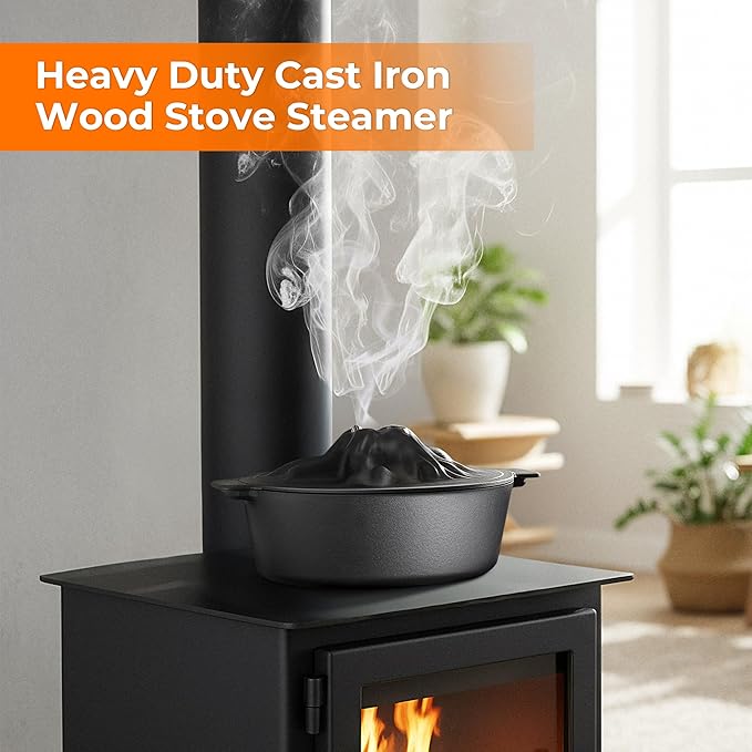 Upgraded Wood Stove Steamer with Handle, Wood Stove Humidifier, 3 Quart Large Capacity Woodstove Steamer, Cast Iron Humidifier for Wood Stove, Fireplace Steamers Pot Rust Resistant