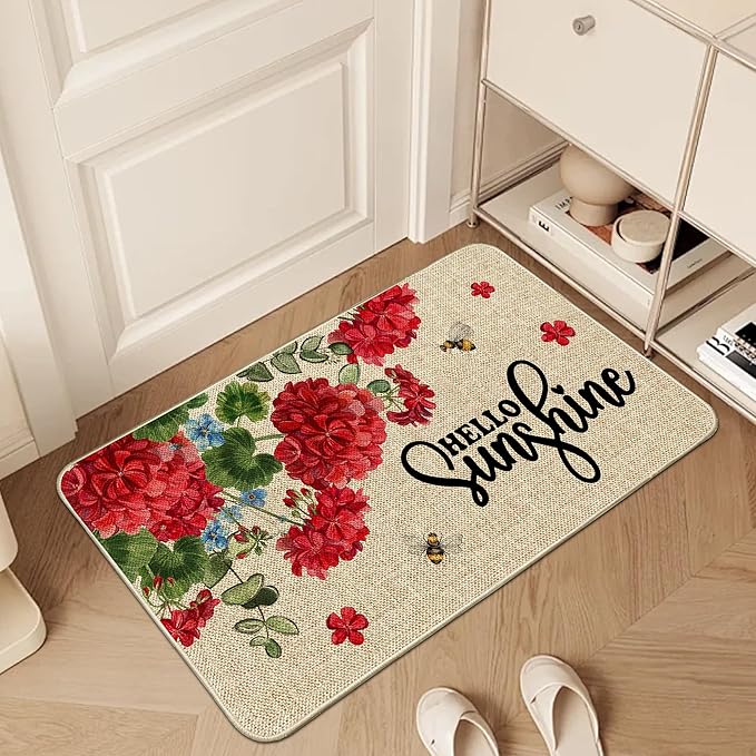 Geranium Spring Kitchen Mats for Floor Set of 2, Geranium Flower Summer Floor Mats, Non Slip Rubber Backing Kitchen Floor Mat and Rug Set for Kitchen Sink, Office, Laundry