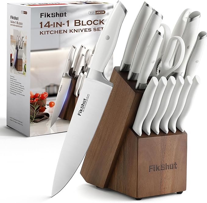 Knife Set with Sharpener, Fikshot 14-Piece Knife Set with Block, Elegant White Kitchen Knives for Ladies, Stainless Steel, Dishwasher Safe (WHITE)