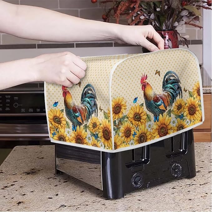 Annejudy Rooster Sunflower Print Toaster Cover - Dustproof & Waterproof 2 Slice Small Appliance Cover