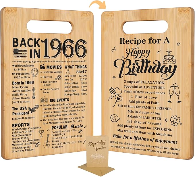 60th Birthday Gifts for Women Men,Back In 1966&Recipe for A Happy Birthday Double sided Cutting Board present for Her Him,60th Bday gift ideas,cool presents for 60 year old woman