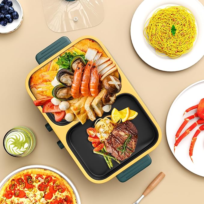 2-in-1 Electric Hot Pot and Grill Combo,1000W Dual Temper Control, Fast Heating - Indoor Cooking Appliance for BBQ, Steaks, Noodles & More - Suitable for Up to 4 People (Green T)
