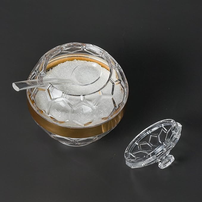 Clear Acrylic Sugar Bowl with Lid and Spoon,10 oz Sugar Container for Coffee Bar Accessories, Sugar Jar(Gold-plated)