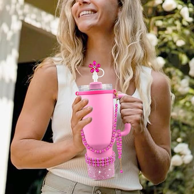 9PCS Hot Pink of Stanley Cup Accessories Set 30/40 OZ Bling Pearl Rhinestones Charms for Stanley Decorations Tumbler Accessories Including Flower Straw Topper, Rhinestones Boot 30/40 OZ