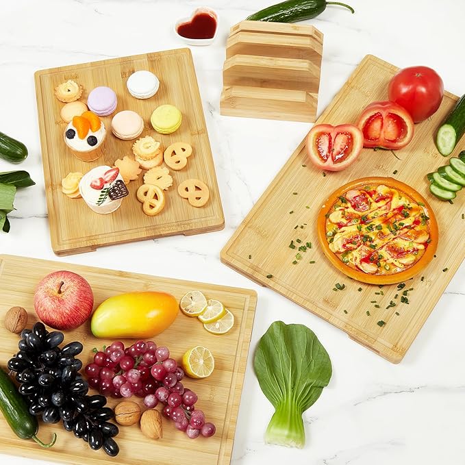 DYTesa Cutting Board for Kitchen, Bamboo Cutting Boards For Kitchen Meal Prep & Serving - Bamboo Cutting Board Set with Holder, Charcuterie & Chopping Board